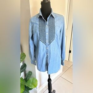 Foxcroft Light Blue Embroidered Button Down Denim Shirt